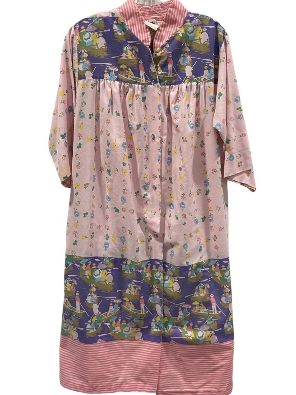 Vintage Floral Snap Front House Dress M Pink Nautical Grandma Lounge Cottagecore